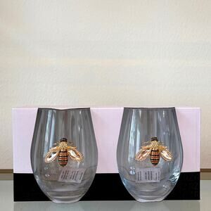 Set of 2 Rachel Zoe Jeweled Rhinestone QUEEN BEE Stemless Wine Glasses NEW